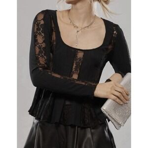 ANTHROPOLOGIE Long Sleeve Lace Peplum Top Women's Small Black Dark Fairy Witchy